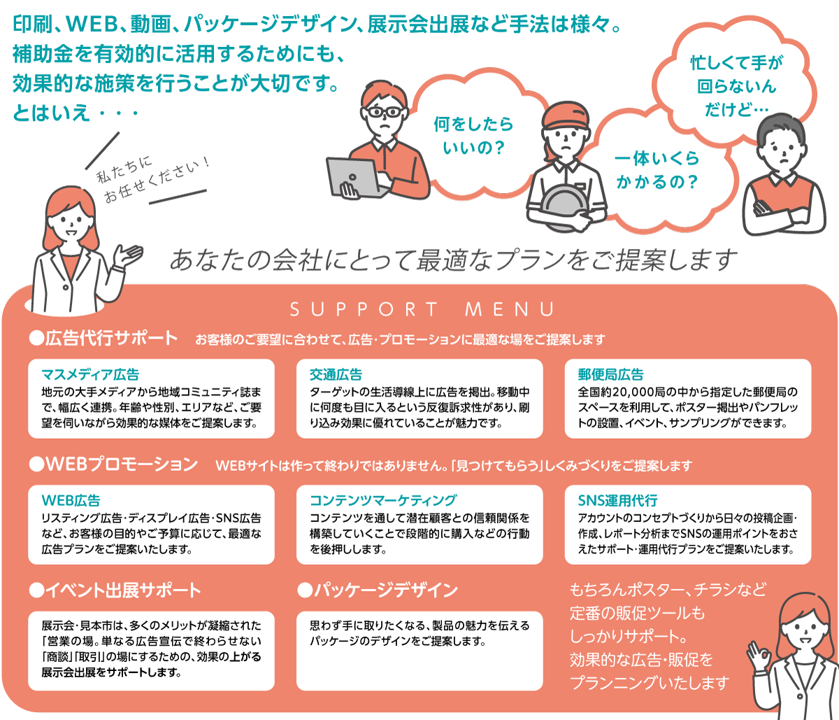 印刷、WEB、動画、パッケージデザイン、展示会出展など手法は様々。
補助金を有効的に活用するためにも、効果的な施策を行うことが大切です。とはいえ 様々な悩みはつきものです。そこで、DI Paletteがあなたの会社にとって最適なプランをご提案します