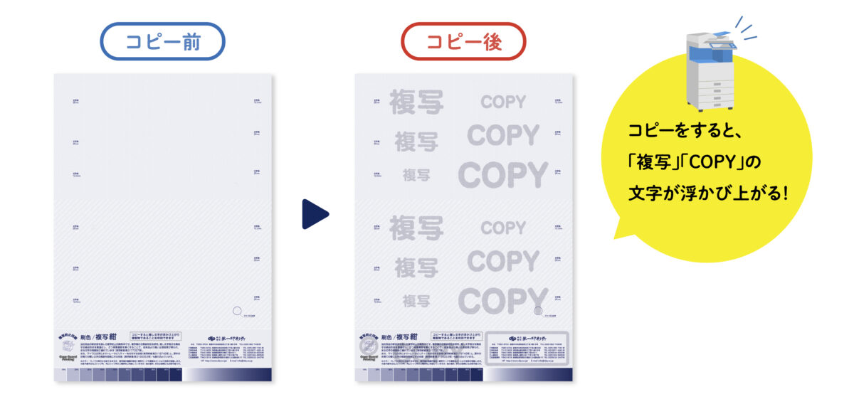 コピーをすると「複写」「コピー」の文字が浮かび上がる!